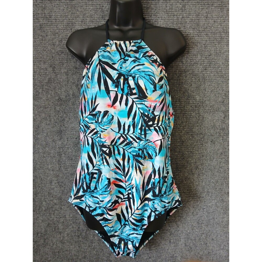 Reel Legends Swimsuit 1 Piece Halter Womens Plus Size XXL Tropical Palm Colorful
